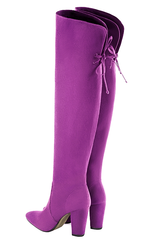 Mauve purple women's leather thigh-high boots. Round toe. High block heels. Made to measure. Rear view - Florence KOOIJMAN